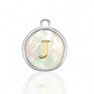 Stainless steel charms 12mm shell initial J White (natural colour)-Silver