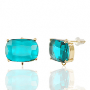 Crystal Glass earrings / earpins with loop rectangle Blue-Gold