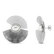Stainless steel earrings / earpins fan with imitation pearls Silver