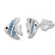 Brass TQ metal earrings / earpins fish Silver-Light Blue