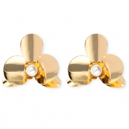 Statement earrings / earpins flower with imitation pearl with stainless steel post Gold-White