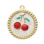 Stainless steel charms round with cherries Gold-Pearl White-Red-Green