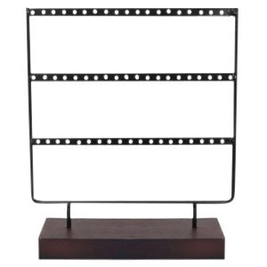 Jewellery display three rows for earrings with wooden standard Black-Dark Brown