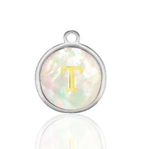 Stainless steel charms 12mm shell initial T White (natural colour)-Silver