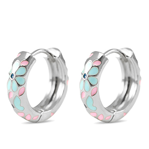 Brass TQ metal creole with enamel flower Silver-Blue Pink