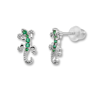 Brass TQ metal earrings / earpins lizard Silver-Green