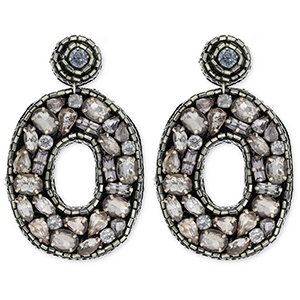 Trendy earrings / earpin with glass beads oval Black-Silver-Light Blue