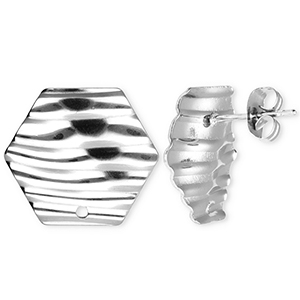 Stainless steel findings earrings / earpin hexagon with lines with loop Silver
