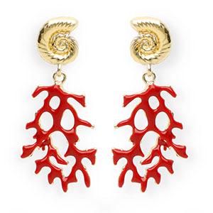 Trendy earrings&nbsp;/&nbsp;earpins enamel shell & coral with stainless steel post Gold-Dark Red