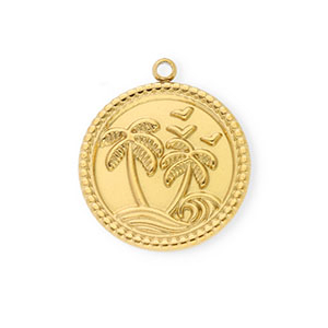 Stainless steel charms round with palmtree Gold