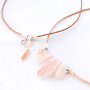 Earrings and necklaces with drop shaped natural stone beads and aura quartz crystal
